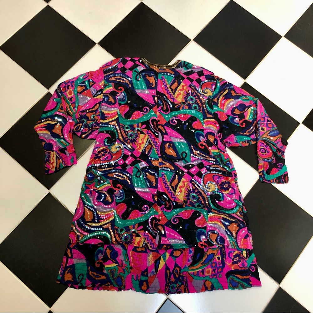 Vintage 60s Judith Ann Creations Beaded Silk Colorful Kaftan Mini Dress Magenta - Picture 11 of 15